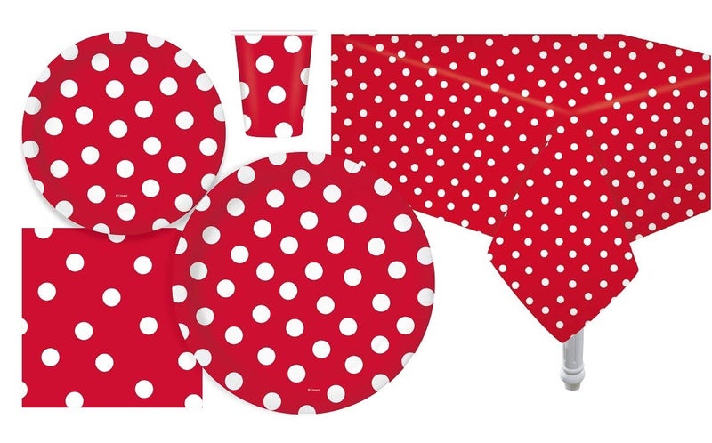 Oojami Serves 30 Complete Party Pack Red Polka Dot Party Supplies 9" Dinner Paper Plates 7" Dessert Paper Plates 9 oz Cups 3 Ply Napkins 2 Red Polka Dot Table Cover Size: 54" x 108" - Image 1